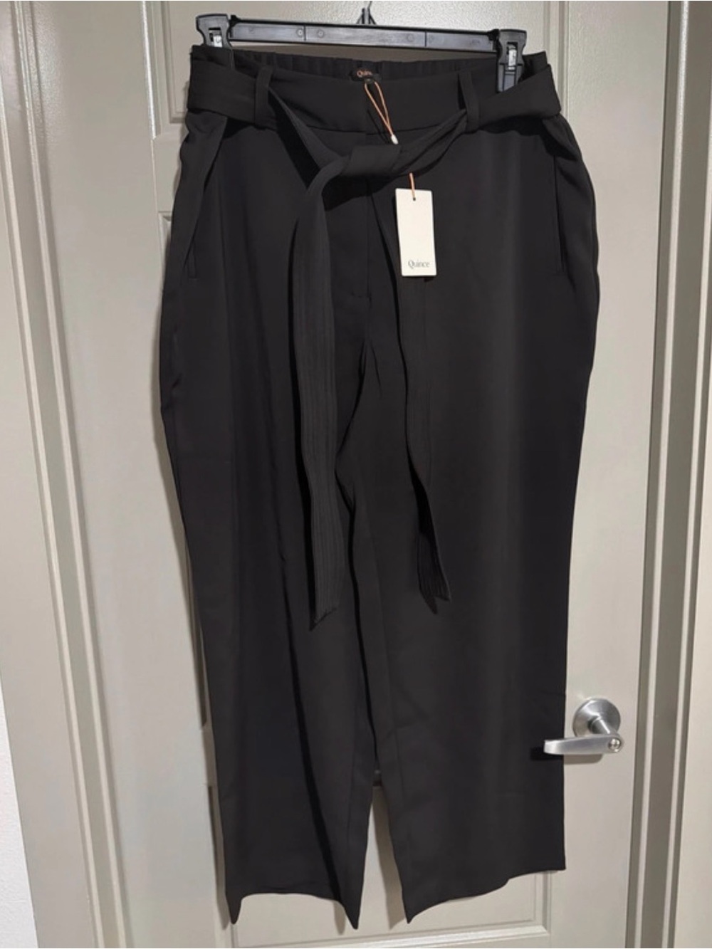 Quince Women's Black Wide-Leg Paperbag Waist Trousers with Tie Belt